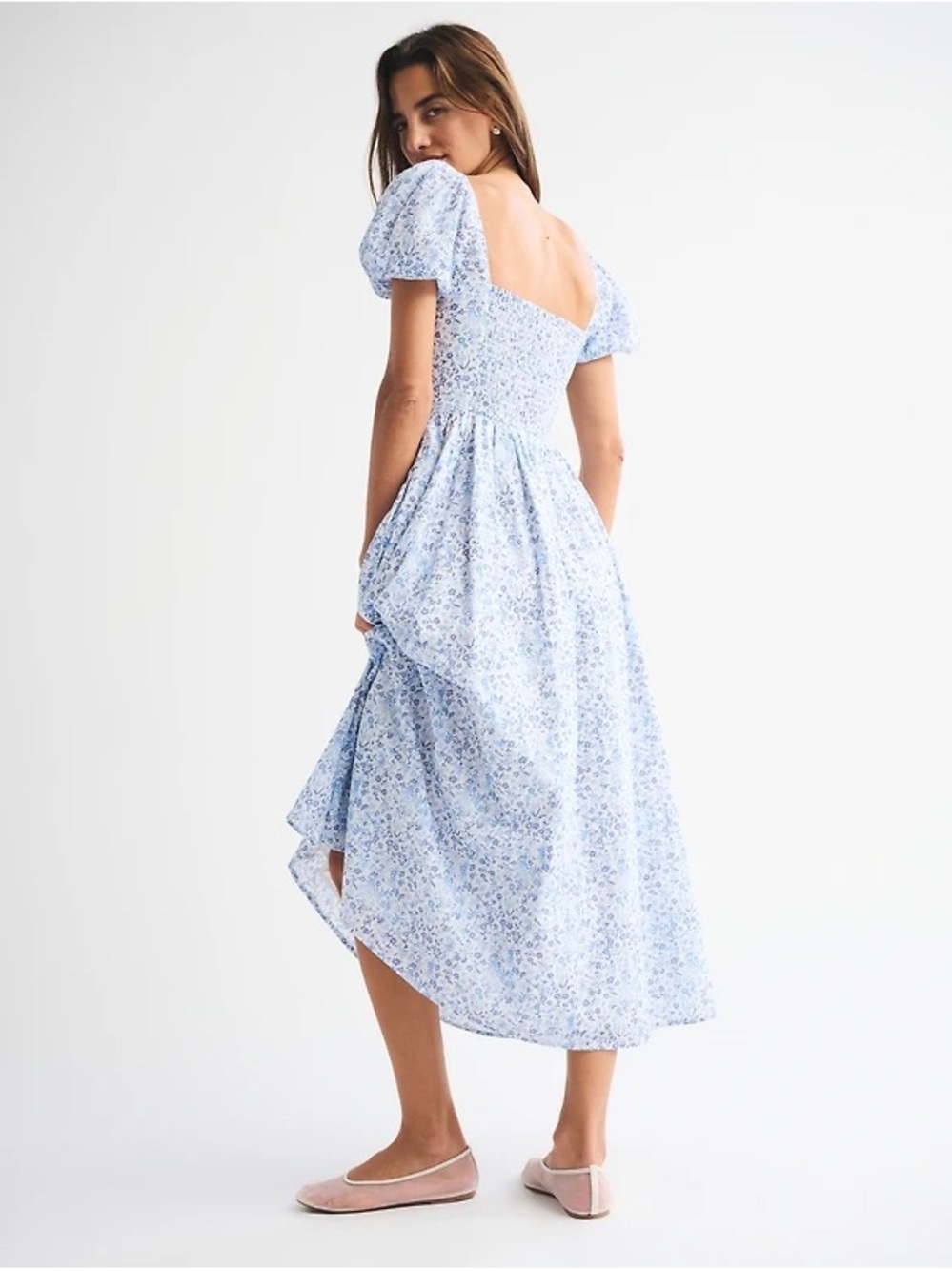 Abercrombie & Fitch Light Blue Floral Puff-Sleeve Midi Dress